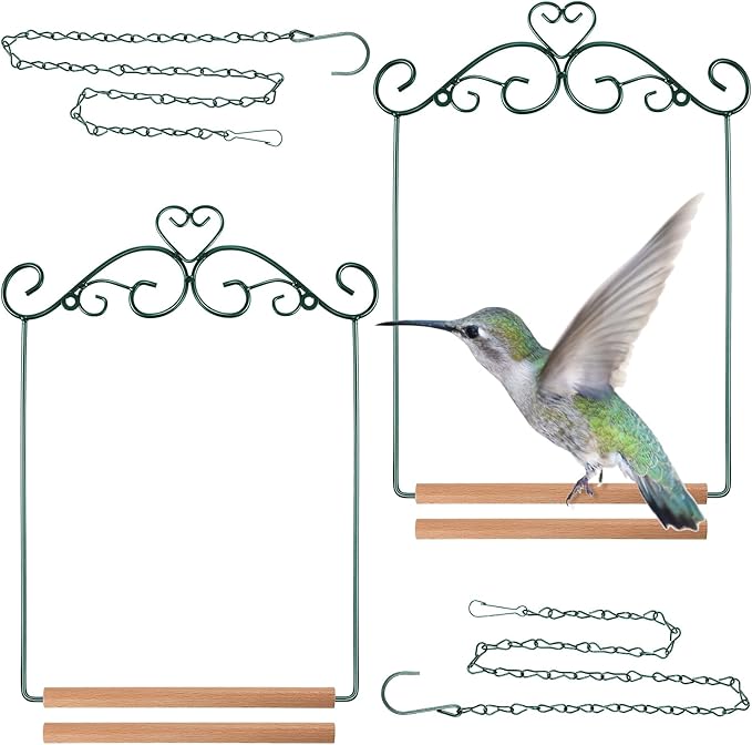 2 Pcs Hummingbird Swings and Perches Metal Frame Bird Swing with 2 Replacement Wooden Dowel and 2 Hanging Chain for Outdoor Bird Feeders, Planters, Lanterns Ornaments(Dark Green)