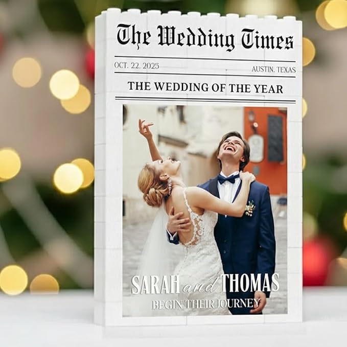 NAZENTI Personalized Newlywed Newspaper Building Block Keepsake for Couple, Custom Wedding Puzzles Blocks gifts for Him Husband, Custom Home Decor with Photo Gifts for Valentine Christmas Birthday