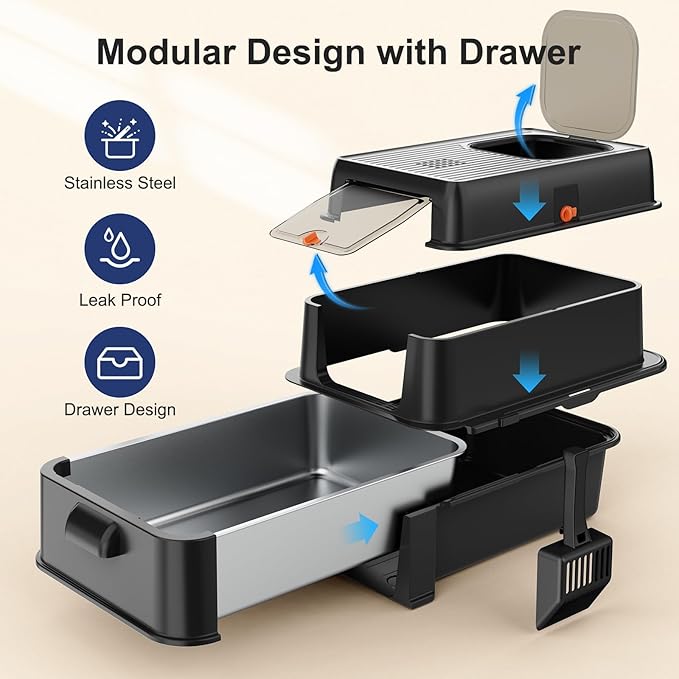 FURTIME Stainless Steel Litter Box with Lid, XL Extra Large Cat Litter Box for Big Cats, Enclosed Drawer Metal Litter Boxs with High Sided, Include Scoop & Mat, Front & Top Entry, Odor Free, Non-Stick