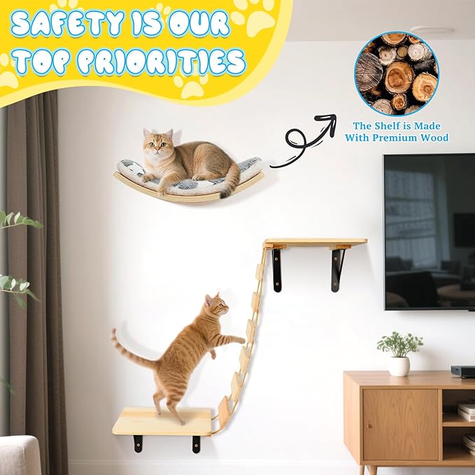 Cat Wall Shelves - Set of 4 Cat Wall Furniture, Curved Cats Shelves and Bridge Ladder & 2 Steps for for Sleeping, Playing, Climbing, and Lounging Modern Furniture for Cats