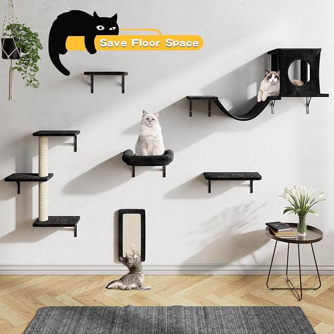 NUNU LAB Wall Mounted Cat Furniture Set - 6 Pcs Climber Set with House, Bridge, Steps, Scratcher Board - DIY Walls Playground, Indoor Cat Shelves - Black
