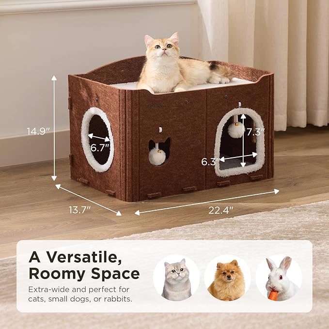 Joydeco Cat House for Indoor Cats, Extra Wide Scratch Resistant Felt Cat Condo, Hideaway Pet Cave Bed with Fluffy Ball and Tunnel for Kitten, Small Dogs, Rabbits, 22.4 x 13.7 x 14.9, Coffee