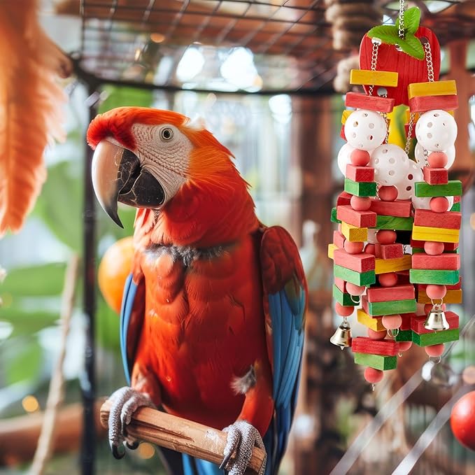 3 Pcs Extra Large Bird Parrot Toy Multicolored Natural Wooden Parrot Cage Chewing Toys for Large Medium Macaws Cockatoos African Grey Birds (Block and Rope)
