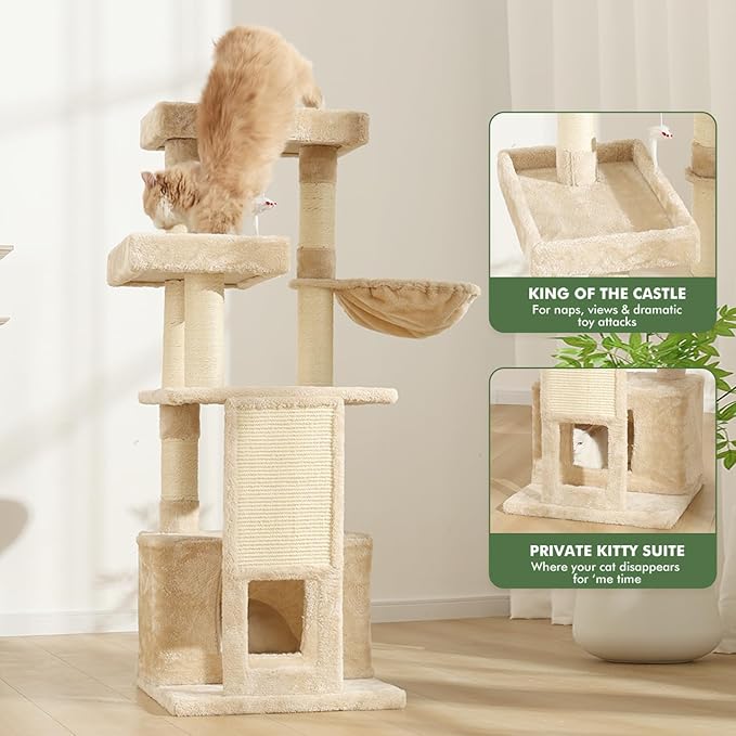 Cat Tree, 50.31-Inch Cat Tower for Indoor Cats, Cat House with Padded Platform Bed, Toy Mouse Ball, Large Cozy Condo, Hammocks and Sisal Scratching Posts for Kittens Play, White