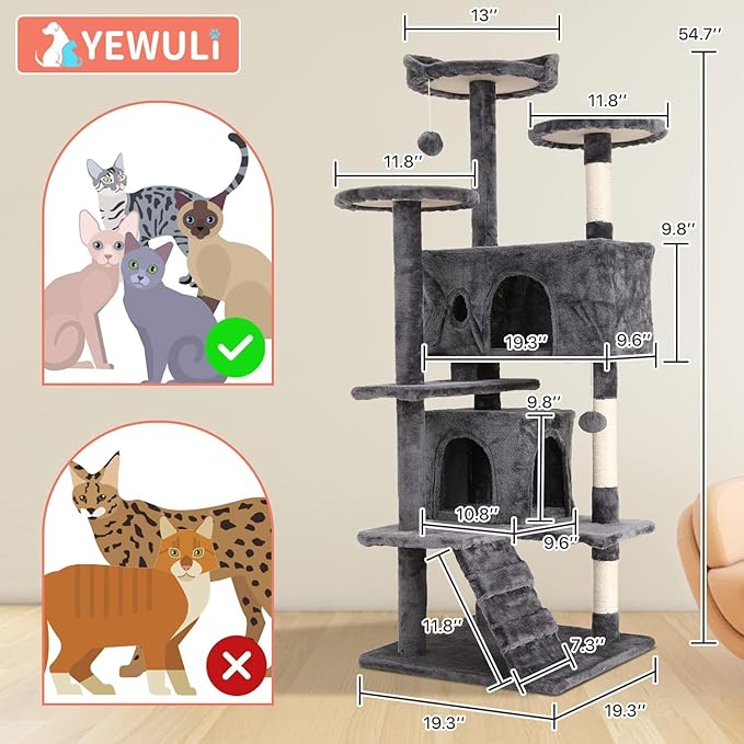 54in Cat Tree Cat Climbing Tower with Scratching Post, Cats House Perch Kitten Tree Condo Wood Playhouse, Pet Trees Tower for Indoor Cats, ASHY