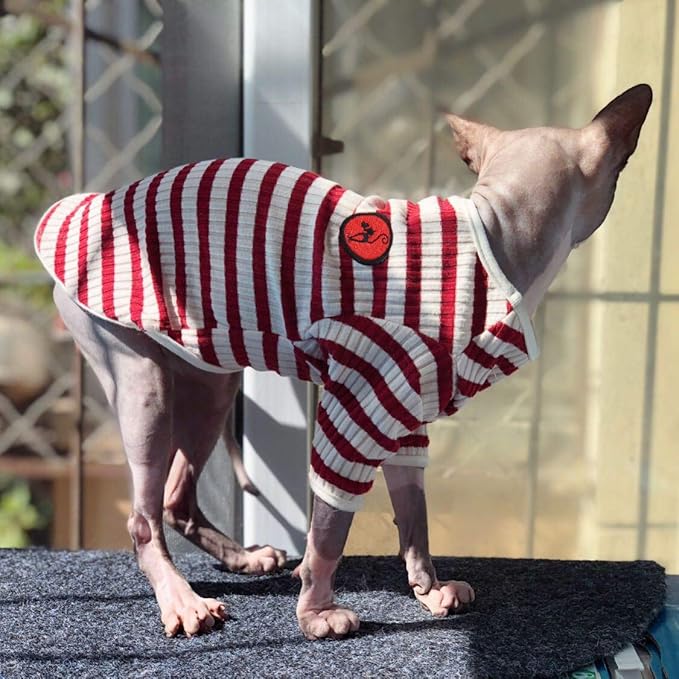 DENTRUN Hairless Cats Shirt Breathable Cat Daily Wear Clothes Stripe Vest Adorable Pajamas Jumpsuit Soft & Skin-Friendly