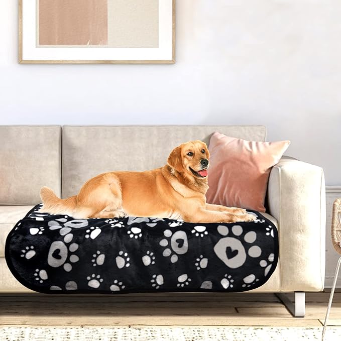 Dog Blanket, Soft Fleece Dog Blankets for Large Dogs, Fluffy Flannel Pet Cat Puppy Blanket Mat Cover for Bed Couch, Cute Paw Print Throw Blanket for Dogs, Black 50"X40"