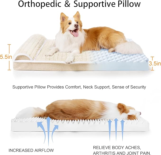 Orthopedic Dog Bed Large Sized Dog with Pillow 36''X24'', Waterproof Soft Comfortable Egg Crate Foam Pet Crate Beds Mat with Removable Washable Cover and Non-Slip Bottom, Cream
