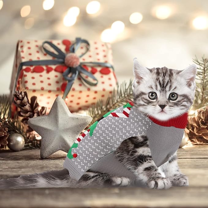 Dog Cat Ugly Christmas Sweater Boy Girl Xmas Pet Clothes Holiday Puppy Costume New Year Gifts for Small Medium Large Dogs Outfits (L, Grey Elf)