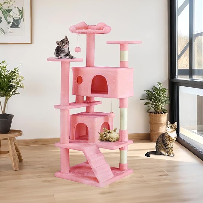 Sweetcrispy 54-Inch Cat Tree Tower – Multi-Level with Sisal Scratching Post, Perfect Pet Gift, Indoor Condo with Climbing Ladder, Plush Toy, and More Animal Stuff, Pink