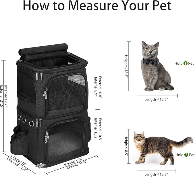 Double-Compartment Pet Carrier Backpack for 2 Cats or Small Dogs, Dual Travel Dog Cat Carrier wih Breathable Mesh Windows, Fits Pets up to 20 lbs, Perfect for Traveling/Hiking/Camping, Black