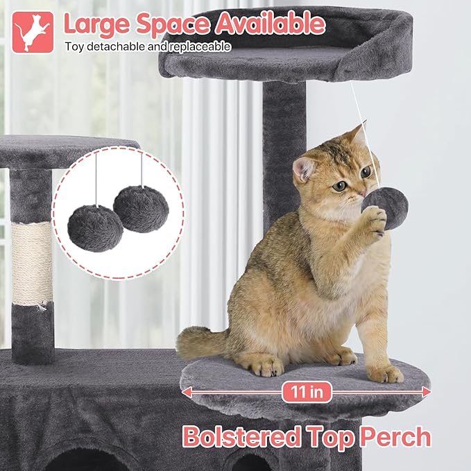 70in Cat Tree Cat Climbing Tower with Scratching Post, Cats House Perch Kitten Tree Condo Wood Playhouse, Pet Trees Tower for Indoor Cats, ASHY