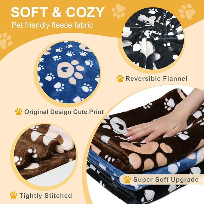 Premium Dog Blankets for Large Dogs & Cat Flannel Blanket Washable, Soft Pet Throw Cover for Kennel Crate Bed, Cute Paw Pattern, 41x31 inch,Blue/Black/Brow