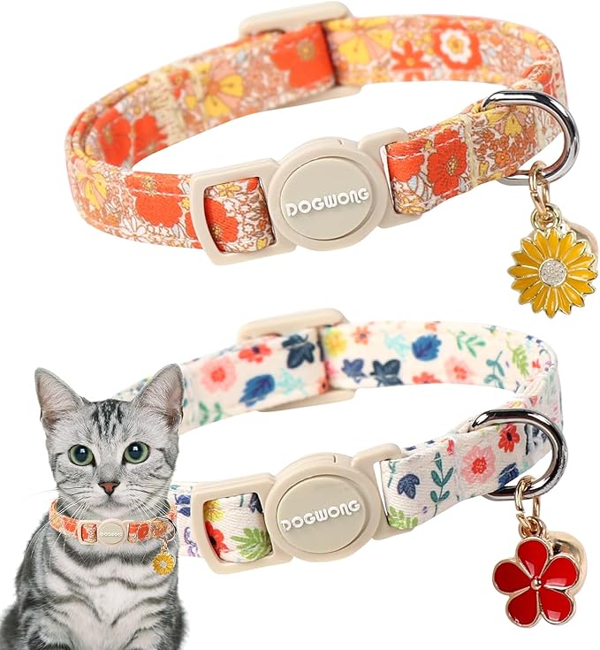 2 Pack Flower Cat Collars Breakaway with Bell, DOGWONG Safety Buckle Rose Floral Cute Cat Collar for Girl Boy Cats，Adjustable 7-12 Inch