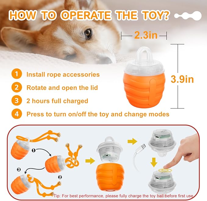 Interactive Dog Toy, [Newly Upgraded] Motion Activated Rolling Squeaky Ball for Medium/Large Dogs, Automatic Moving Dogs Ball for Boredom, USB Rechargeable(Orange)