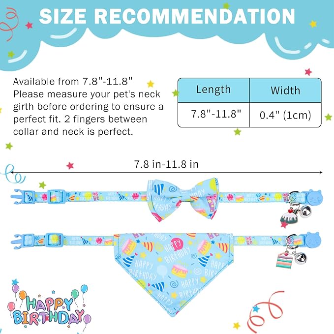 SCENEREAL Cat Bandana Collars for Birthday - 2 Pack Breakaway Kitten Collars with Bell Bowtie, Accessories for Pet Collars, Adjustable Cute Cat Collars for Cats and Small Dogs Boys Girls, (Blue)