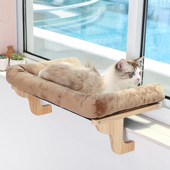 Zakkart Cat Perch for Window Sill with Bolster - Orthopedic Hammock Design with Premium Hardwood & Robust Metal Frame - Cat Window Seat for Large Cats - Natural Color Wood Brown Bed, XLarge 26.4''W
