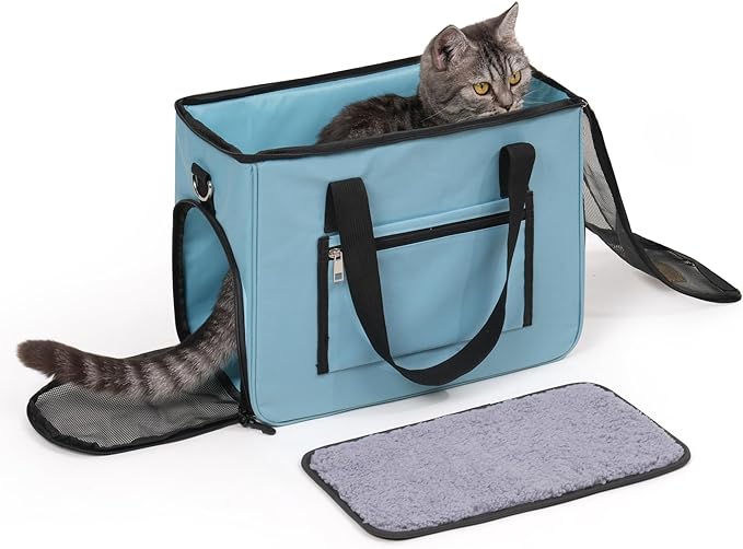 Cat & Dog Carrier for Pets Up to 15 Lbs, Airline Approved Soft-Sided Collapsible Pet Carrier for Cats & Dogs, Cat Carrier with Breathable Mesh, Padded Interior – Ideal for Car Rides, Daily Use(Blue)