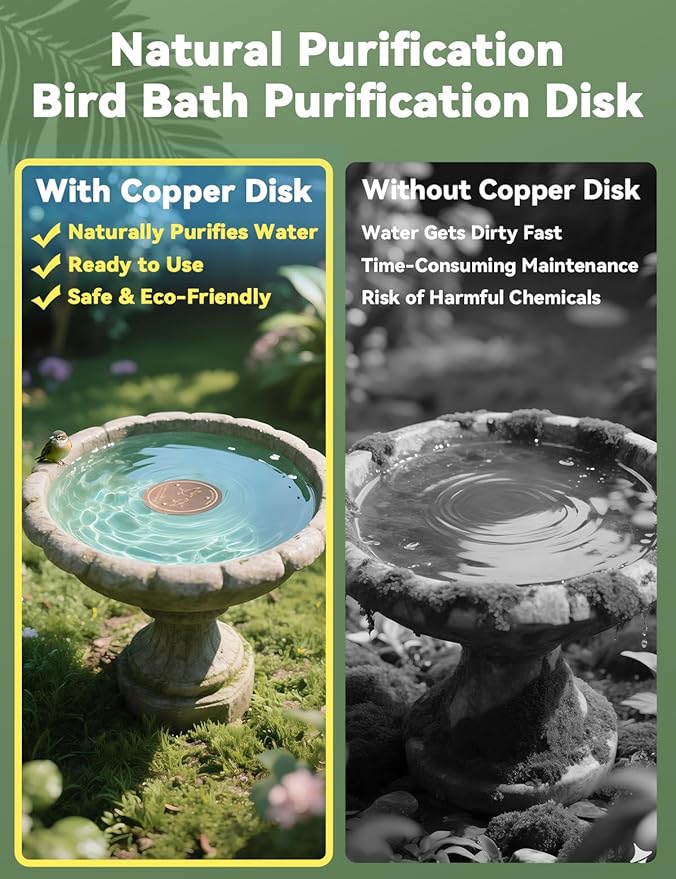 CNARIO Copper Disk for Bird Baths, Bird Baths 99.99% Pure Copper Cleaning Disk, Safe Natural Solution, 0.6mm Thick with Stable Triple-Point Support, All-Season Use