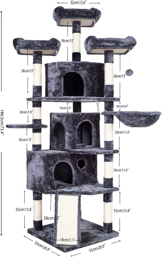 Hey-brother XL Cat Tree, 73.4 inch Cat Tower with 3 Caves, 3 Cozy Perches, Scratching Posts, Board, Activity Center Stable for Kitten/Big Cat, Gray MPJ032G