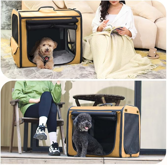 Dog Car Carrier Light Weight 24×17.7×20.5 in, Dog Carrier Easy to Assemble, Dog Car Crate Portable and Breathable, Foldable Pet Carrier for Indoor and Outdoor Use, Dogs Travel Crate with Curtain Brown