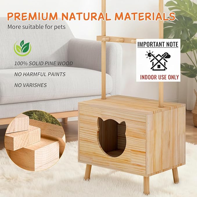 LOYIGA Cat House Side Table,Dog Closet Wooden Pet House Kitten Clothes Rack,Indoor Cat Activity Center for Toy Organization,No Paint (Natural)