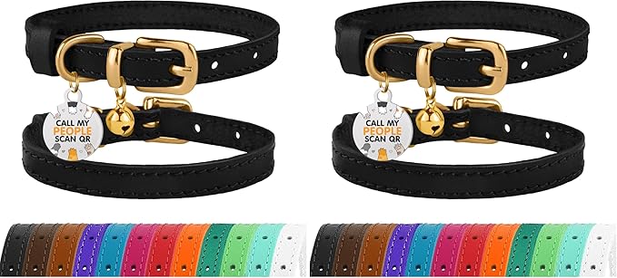 BRONZEDOG Leather Cat Collar with Removable Bells Non Breakaway Kitten QR Tag for Girl Boy (7" - 9" for Cats, Black & Gold) (Pack of 2)