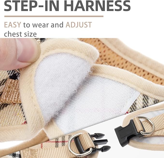 PUPTECK Adjustable Dog Harness Collar and Leash Set Step in No Pull Pet Harness for Small Medium Dogs Puppy and Cats Outdoor Walking Running, Soft Mesh Padded Reflective Vest Harnesses, Beige XXS