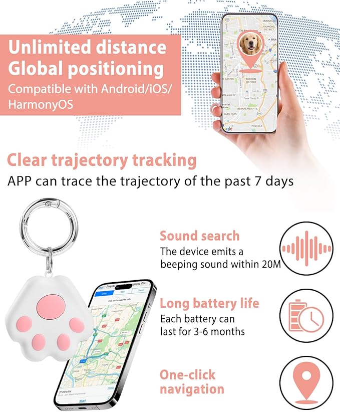 Pet GPS Tracker for Dog and Cat: Dogs and Cats Small Tracking Tag for Android and iOS with No Subscription No Fee - Smart Pets Trackers Waterproof Dustproof Extra Long Usage Life of 180 Days