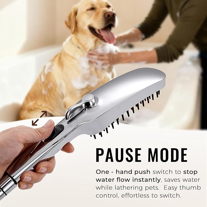 G-Promise 3 Mode Dog Shower Attachment with Pause Mode, Dog shower Sprayer with 78 Inches Stainless Steel Hose, Metal Diverter, Adhesive Holder, for Fast and Easy Dog Bathing and Cleaning(Chrome)