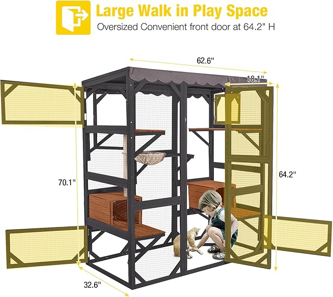 Aivituvin Catio Outdoor Cat Enclosure with Scratch Post, Hammock, Large Window Cat House for 2-6 Mulitiple Cats Walk in Kitty Cage with Tarp Roof 70" Black