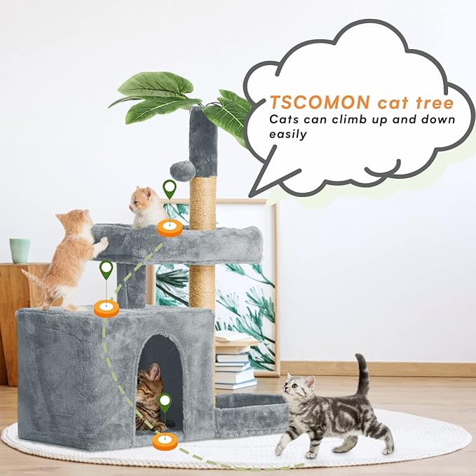 31.5in Multi-Level Cat Tower with Sisal Scratching Posts, Hidden Cave & Perch Platform, Large Cat Condo for 1-3 Cats, Eco-Friendly Pet Furniture with Realistic Leaves, Grey