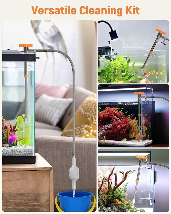 Pawfly 3-in-1 Aquarium Water Changer, Gravel Cleaner & Tank Brush – Fish Tank Cleaner with Adjustable Flow, Extendable 11–16in Tubing & 3.75ft Hose for Sand Washing, Water Changing and Maintenance