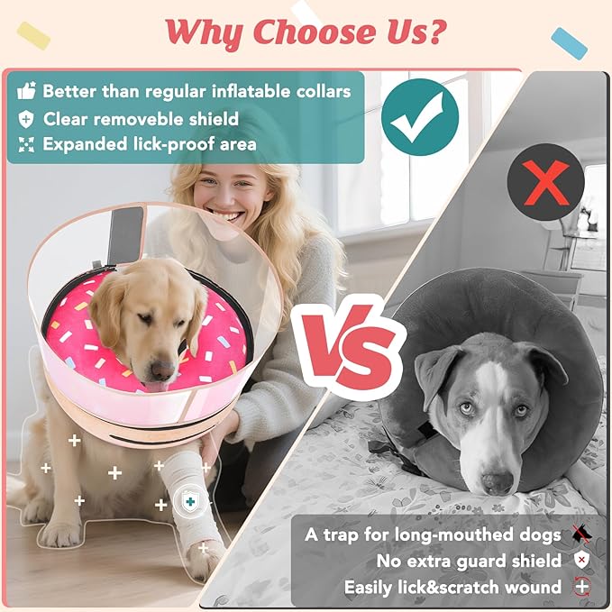 Inflatable Dog Cone with Anti-Licking Clear Shield, Protective Dog Donut Collar After Surgery, Adjustable Soft Recovery Cone for Pets, Alternative Collar with Buckle Strap (Pink, XL)