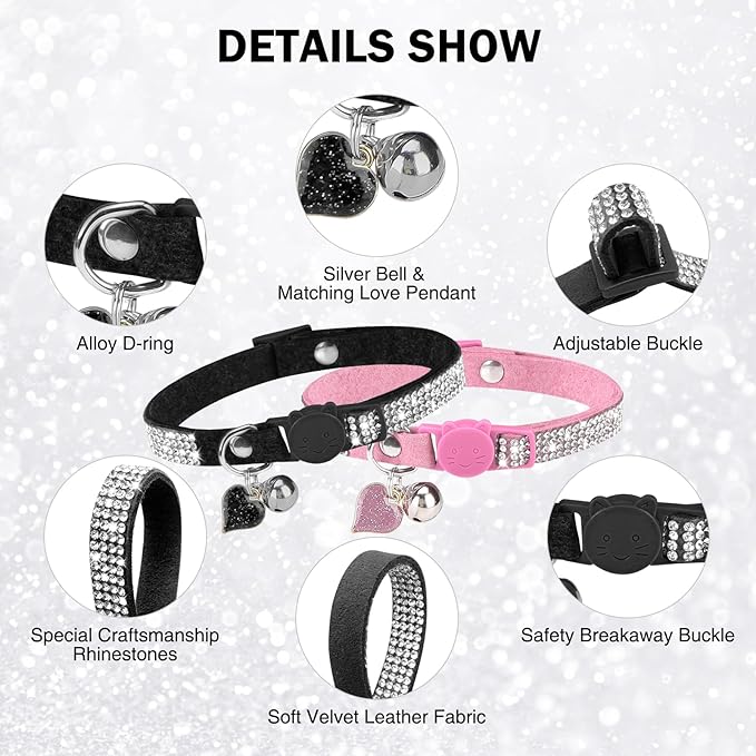 Rhinestone Cat Collar Breakaway with Bell, Diamond Cat Collar with Safety Buckle Quick Release for Girl Boy Small Kitten Pets Puppy,Cute Soft Female Male Cat Collars, Color Pink & Black 7-9"