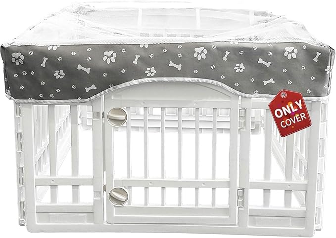 PJYuCien Dog Playpen Mesh Top Cover, Fits 36 Inch 4 Panels Regular Square Plastic Exercise Pet Pen, Adhesive Tape Connections, Grey paw(Note: Cover Only, Fence Not Included)