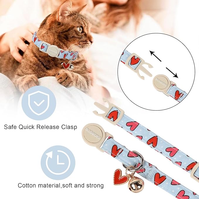Cat Collar,2 Pack Cat Collars Breakaway with Bell, DOGWONG Safety Buckle Valentine's Day Cat Collar Blue Heart for Girl Boy Cats and Small Dogs，Adjustable 7-12 Inch,Pet Supplies Accessories