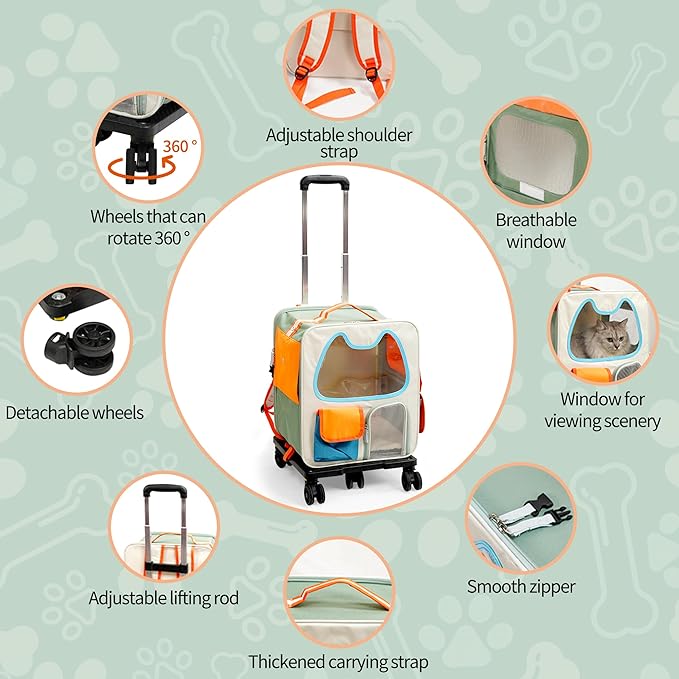 Cat Carrier with Wheels Airline Approved,Removable Pet Carrier Outdoor on Wheels Portable Cat Carrier Bag for Puppy and Kitten Travell Moving or Going Out