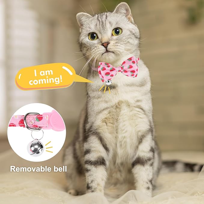 Breakaway Cat Collars with Bell & Cute Pendants - 3 Pack Adjustable Safety Kitten Collars - Decoration for Girl Boy Cats Puppy and Small Pets (Style C - Strawberry)