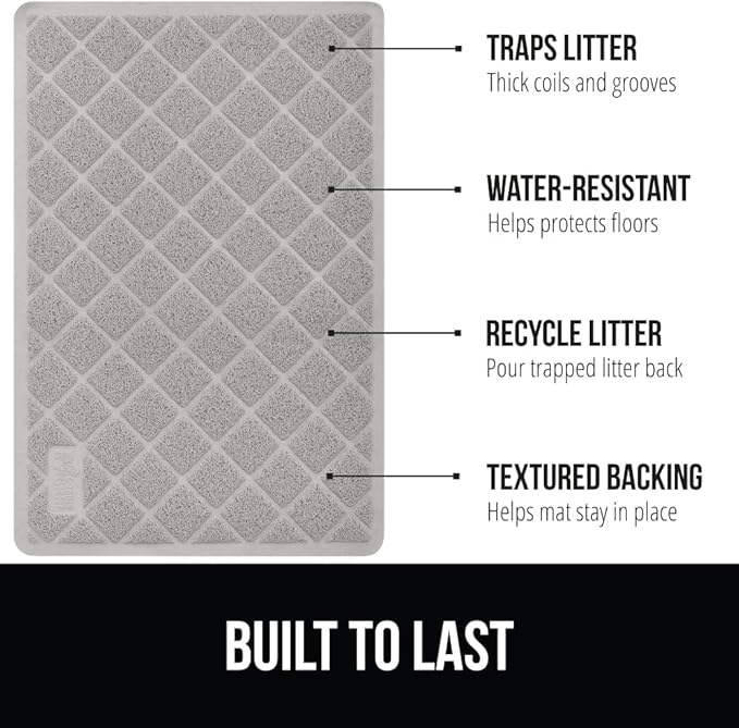 GORILLA GRIP Cat Litter Box Mat, 40x28, Water Resistant, US Designed Kitty Litter Trapping Mats, Easy to Clean, Scatter Control, Less Mess and Clean Floors, Kitten Supplies for Indoor Cats, Light Gray