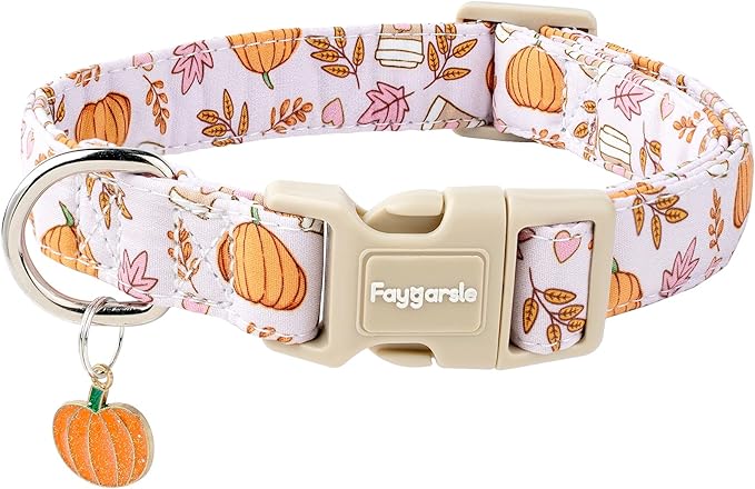 Faygarsle Fall Pumpkin and Leaves Pattern Dog Collar with Charm, Adjustable Pet Neckwear, Pink and Orange for Small Medium Large Dogs L