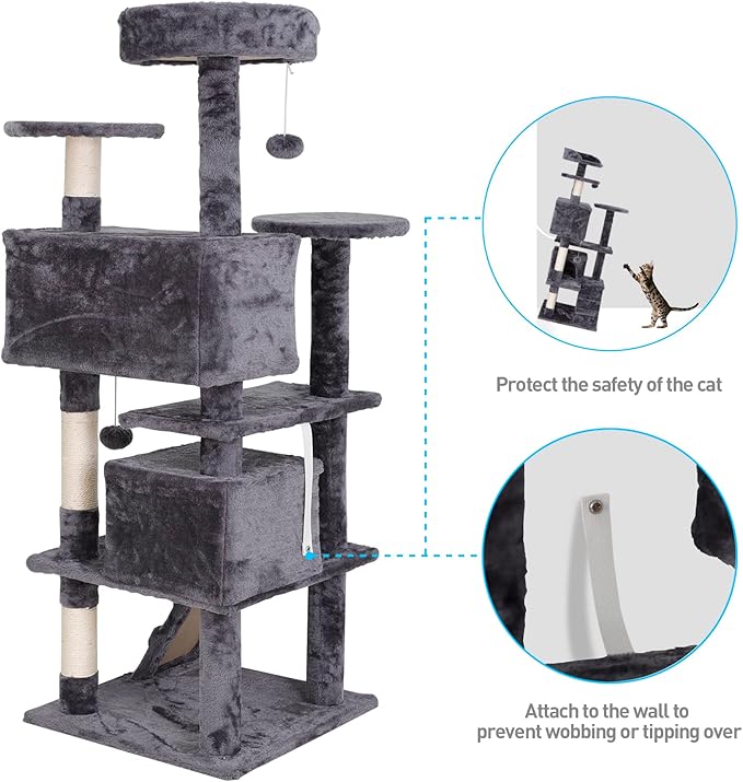 54-Inch Cat Tree for Large Cats, Sturdy Multi-Level Cat Tower with 2 Condos, Hanging Ball and Sisal Scratching Posts, Durable Cat Furniture for Indoor Cats (Dark Grey)