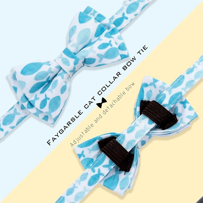 Faygarsle 2 Pack Fish Pattern Cat Collar Set with Bow Tie and Bandana, Light Blue and White, Breakaway Safety Collar with Bell