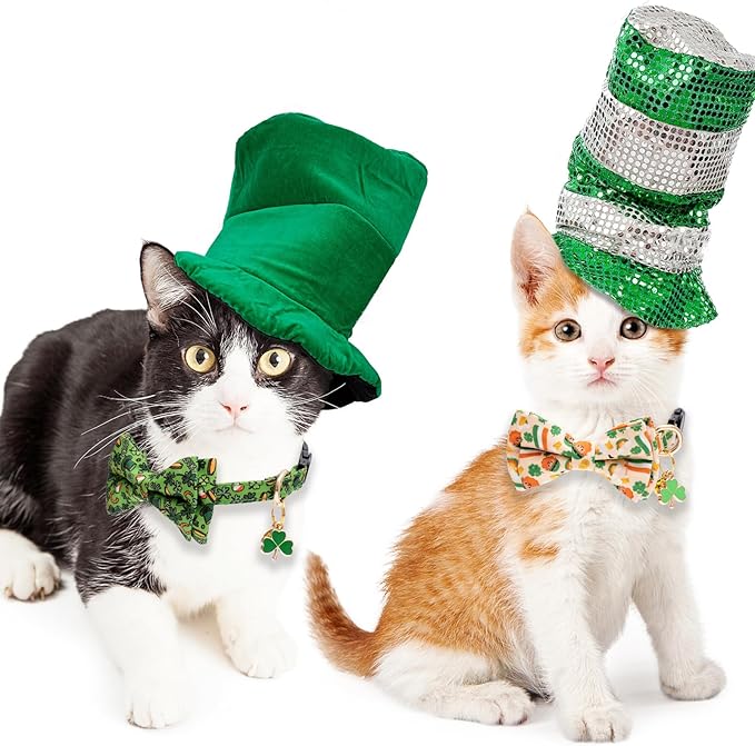 Faygarsle 2 Pack St Patrick's Day Cat Collar Cute Trefoil Gold Coin Printed Collar with Bow tie Breakaway Green Yellow Cat Collar for Boy Girl Cats