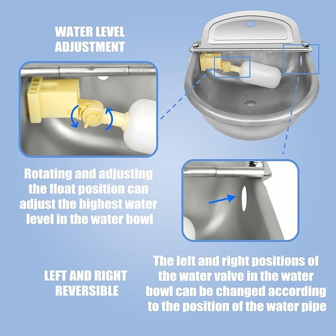 Automatic Animal Drinking Water Bowl with Float Valve, 304 Stainless Steel Kit Includes Bowl, Pipe, 2 Valves, Quick Connector Adapter and Countersunk Bolts. (Auto-Filling)