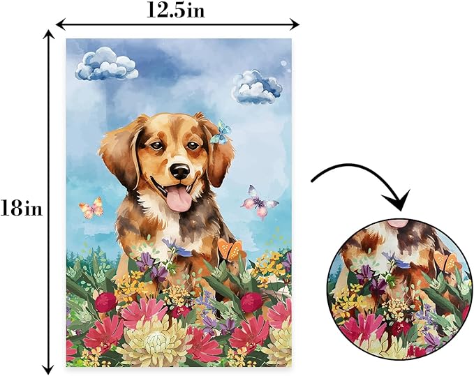Dog Welcome Garden Flag Welcome Happy Butterfly Dog Animals Outdoor Garden,Flag Welcome Spring Summer Garden Flag,Flower House Seasonal Decoration -12 x 18"Inch Double Sided