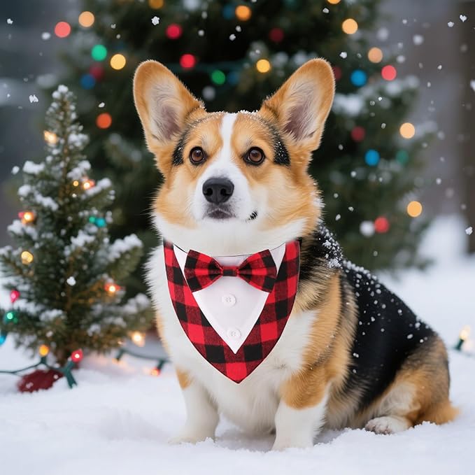 ADOGGYGO Christmas Dog Tuxedo Bandana, Red Plaid Xmas Pet Bowtie Collar, Adjustable Christmas Costumes for Extra Small Dogs (XS)