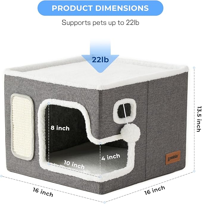 Cat Beds for Indoor Cats - Large Cat House for Pet with Fluffy Ball Hanging and Scratch Pad, Foldable Cat Hideaway,16.5x16.5x13 inches, Grey
