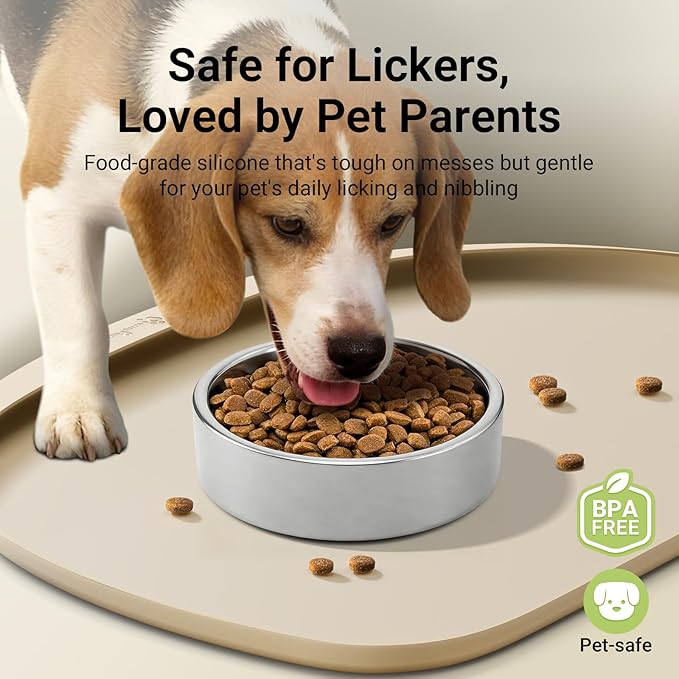 DownyPaws Dog Food Mats for Floors Waterproof, BPA Free Silicone Dog Bowl Mat, Non-Slip Pet Feeding Mat with High Raised Edge, Cat Placemat for Messy Drinkers, 24"×17", Almond