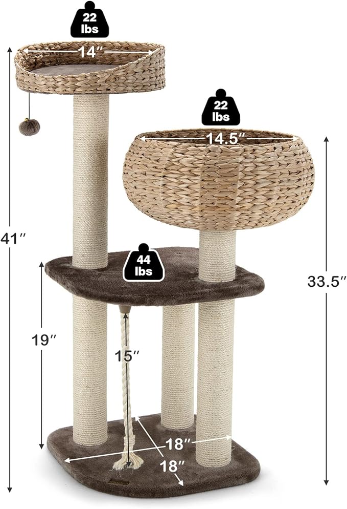 PETSITE 41 Inch Modern Cat Tree for Indoor Cats, Multi-Level Cat Tower with Scratching Posts, Hand-Made Wicker Cat Condo & Top Perch, Dangling Ball, Sisal Rope, Cute Cat Tree for Indoor Cats